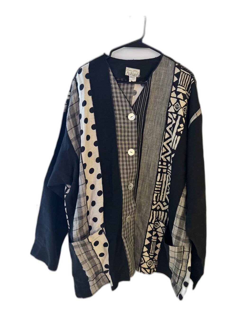 Barbara McCaine Ashanti Vintage Patchwork Jacket 3X Black Cream Mudcloth Print